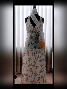 1960s Julie Miller Halter Dress With Floral Fringe Scarf in Yellow & Lavender
